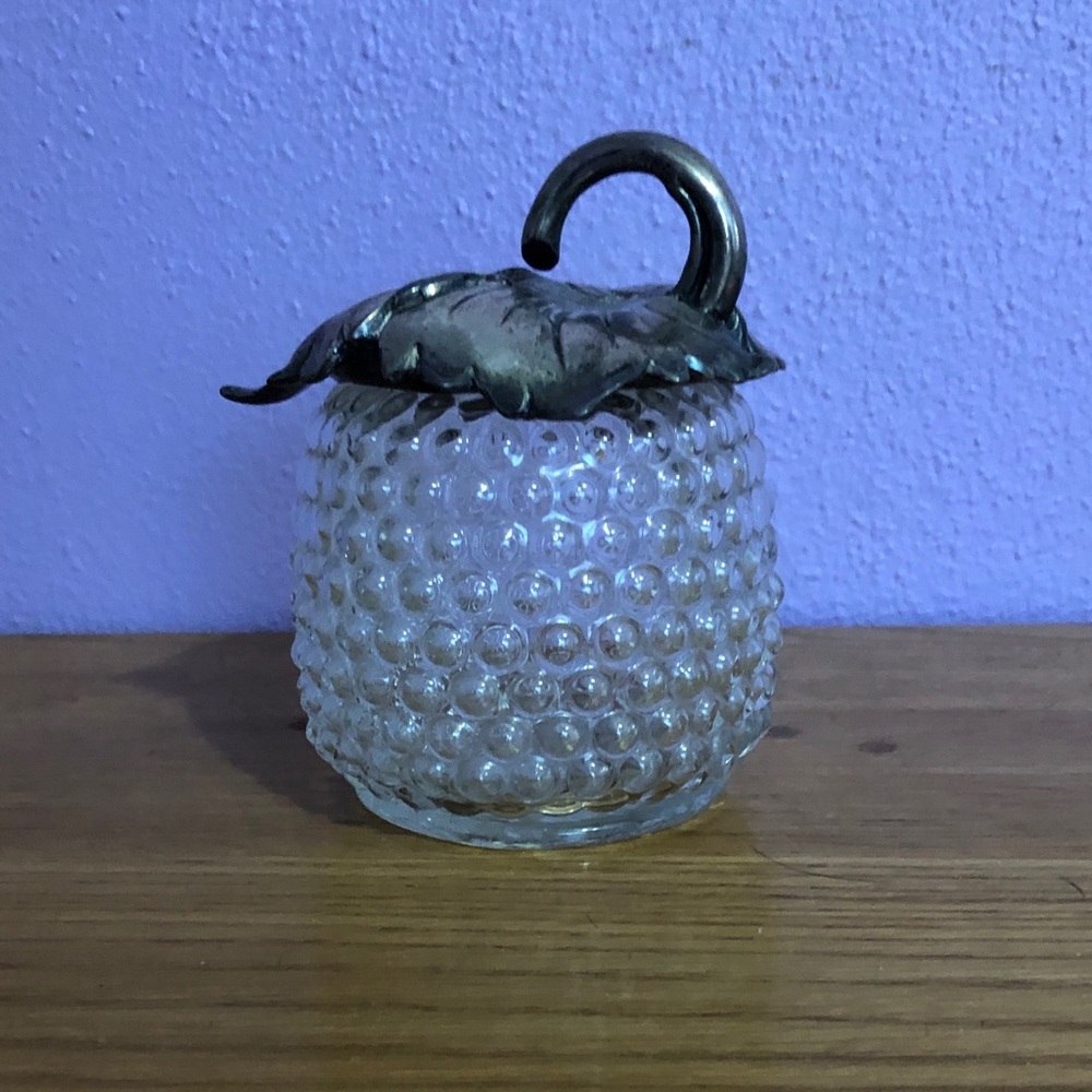 Vintage Hobnail Glass Jar with Metal Leaf Lid